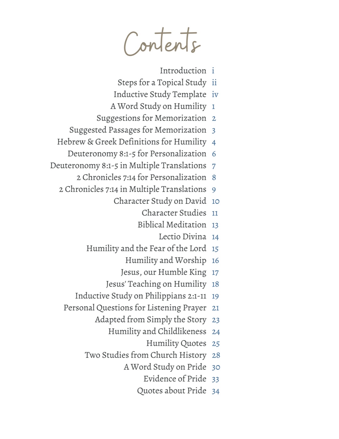 Humility — table of contents