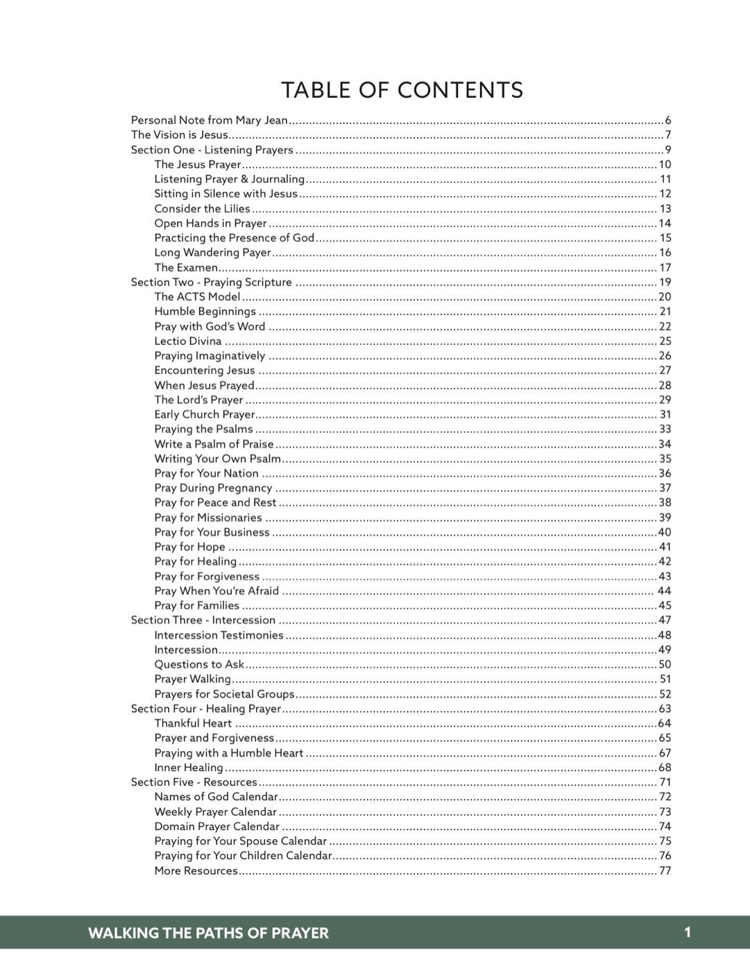 Walking the Paths of Prayer — table of contents