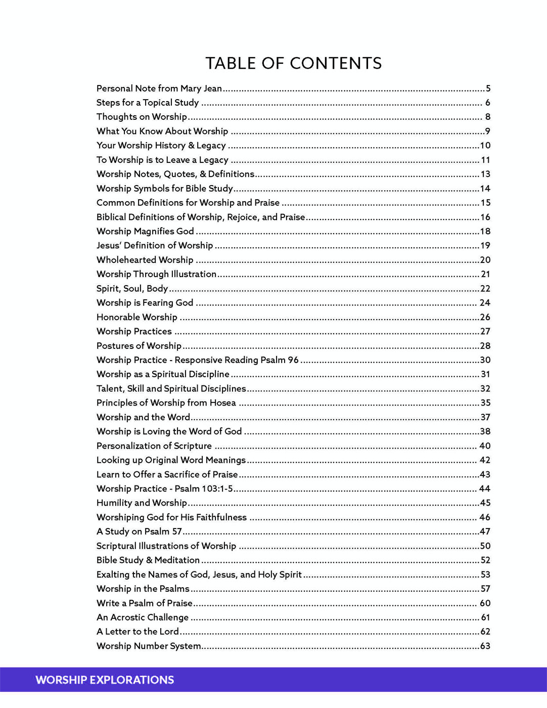 Worship Explorations — table of contents